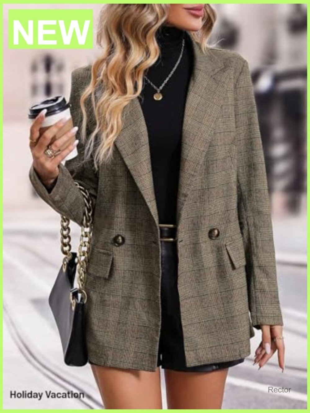 Women's Plaid Houndstooth Blazer - Lightweight Fully Lined Button Casual Work - Picture 4 of 7
